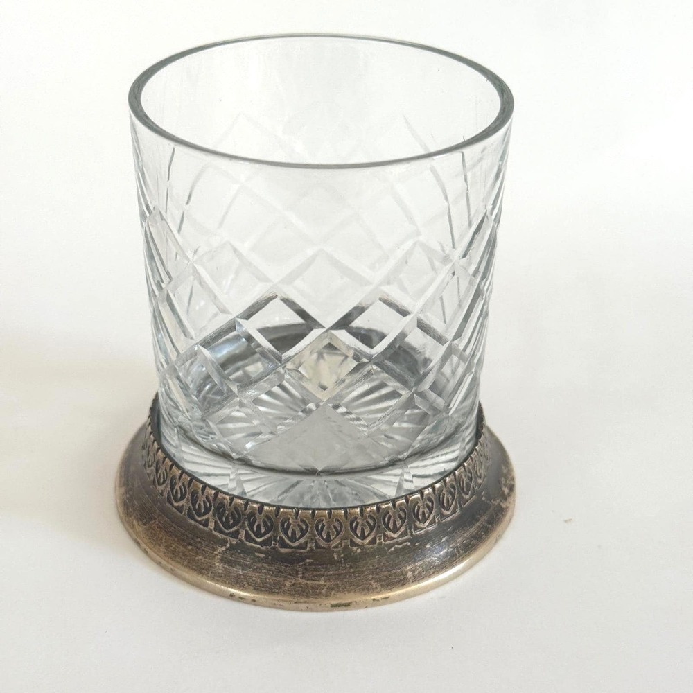 Vintage Cut Crystal Whiskey Glass Heavy Brass Base Diamond Lattice Tumbler - Picture 2 of 12